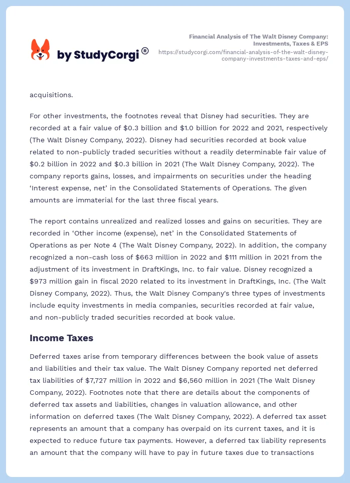 Financial Analysis of The Walt Disney Company: Investments, Taxes & EPS. Page 2