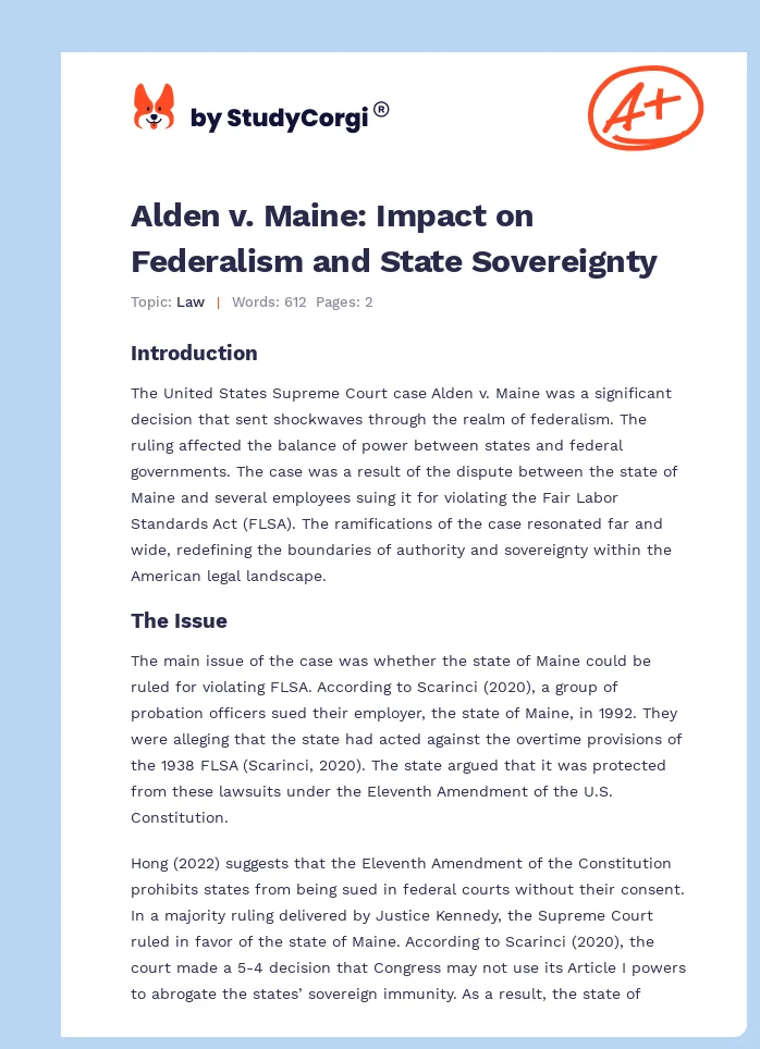 Alden v. Maine: Impact on Federalism and State Sovereignty. Page 1