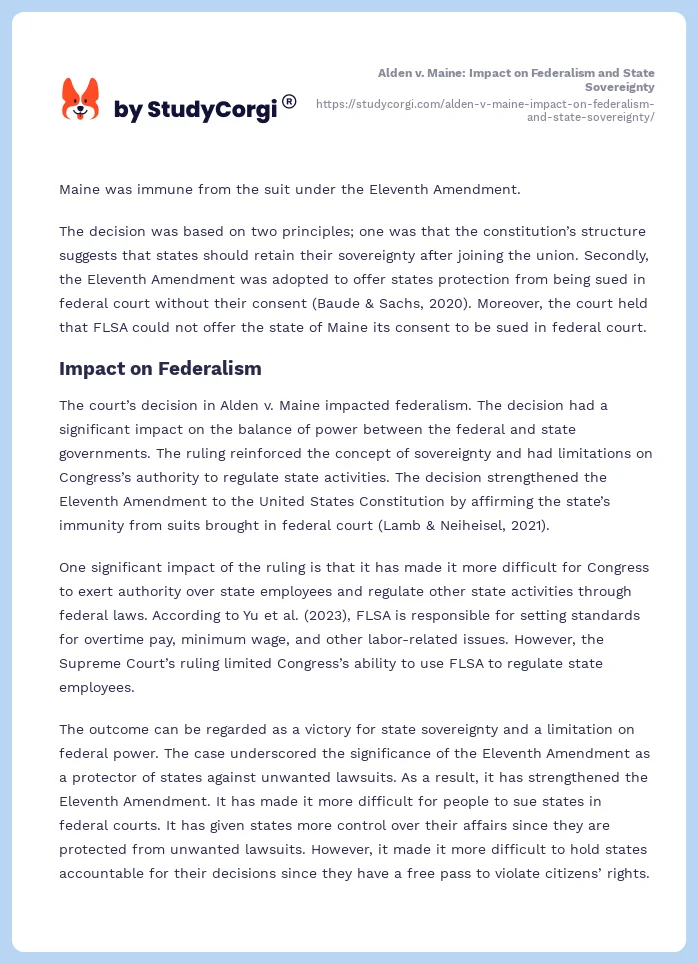 Alden v. Maine: Impact on Federalism and State Sovereignty. Page 2