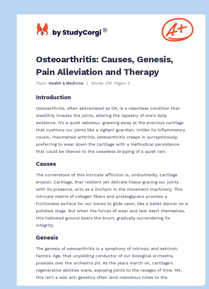 Osteoarthritis: Causes, Genesis, Pain Alleviation and Therapy. Page 1