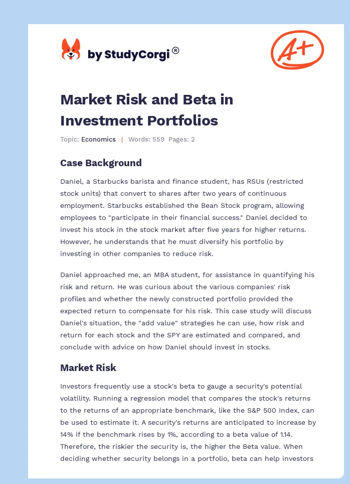 Market Risk and Beta in Investment Portfolios. Page 1