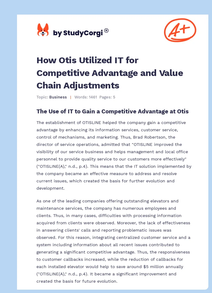 How Otis Utilized IT for Competitive Advantage and Value Chain Adjustments. Page 1