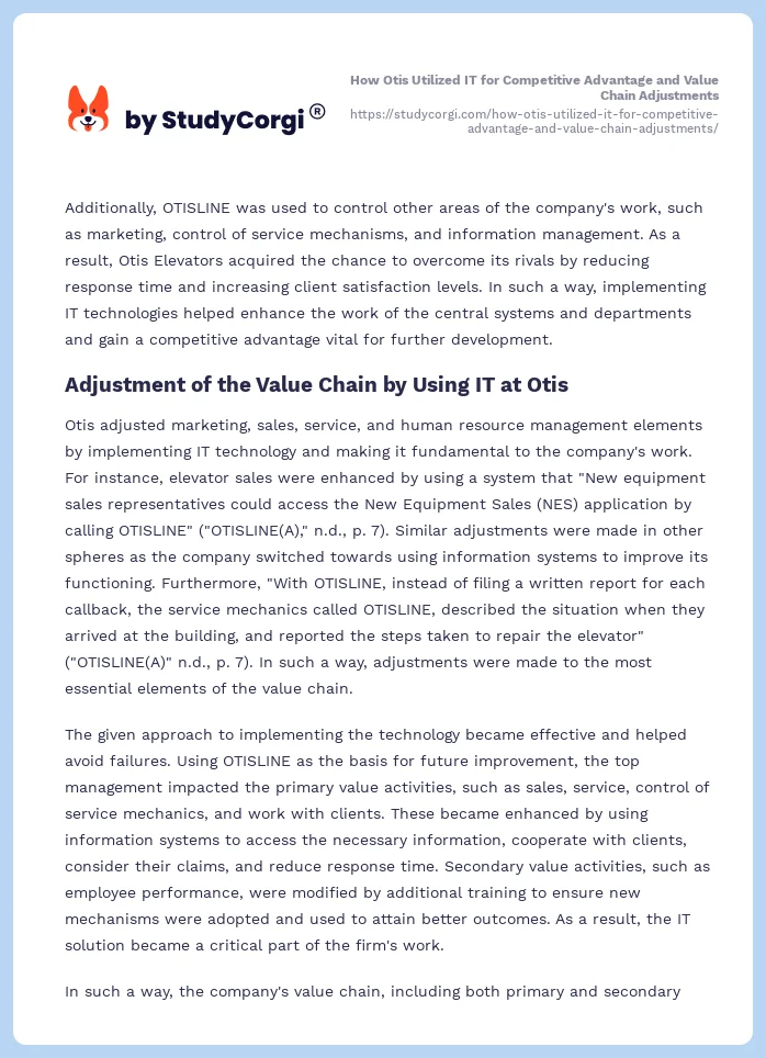 How Otis Utilized IT for Competitive Advantage and Value Chain Adjustments. Page 2