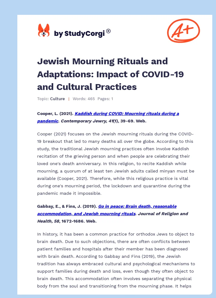 Jewish Mourning Rituals and Adaptations: Impact of COVID-19 and Cultural Practices. Page 1