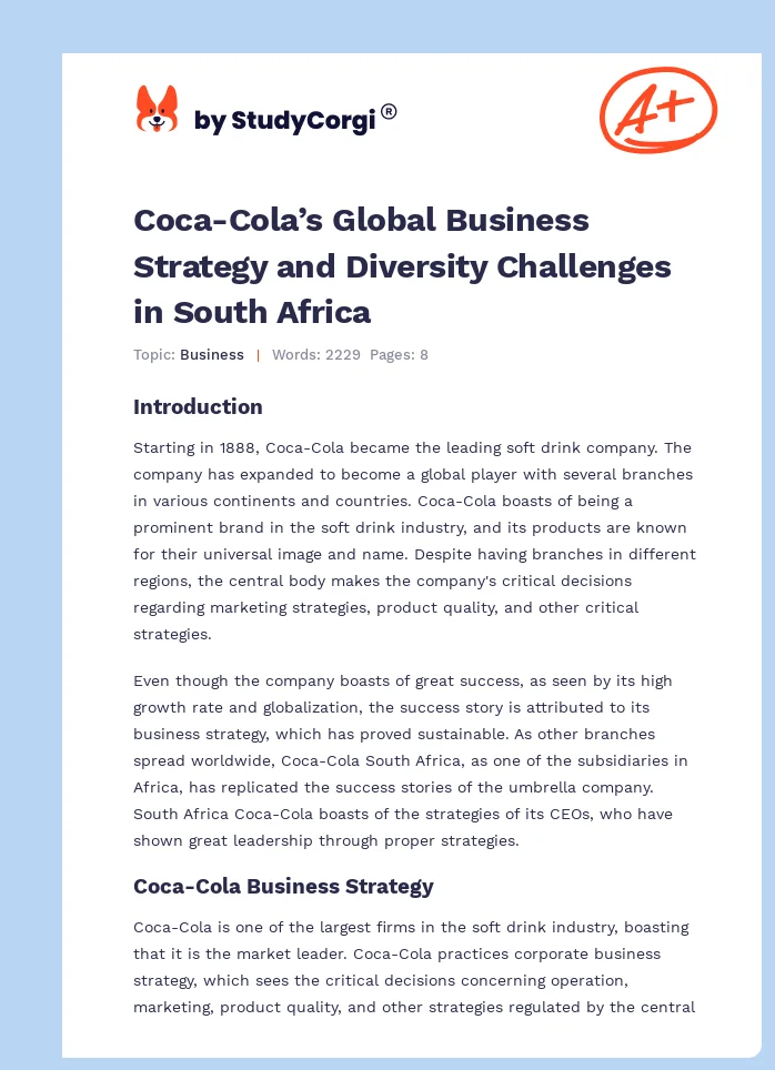 Coca-Cola’s Global Business Strategy and Diversity Challenges in South Africa. Page 1