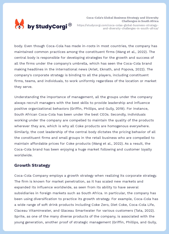 Coca-Cola’s Global Business Strategy and Diversity Challenges in South Africa. Page 2