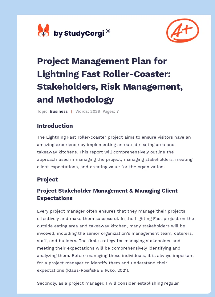 Project Management Plan for Lightning Fast Roller-Coaster: Stakeholders, Risk Management, and Methodology. Page 1