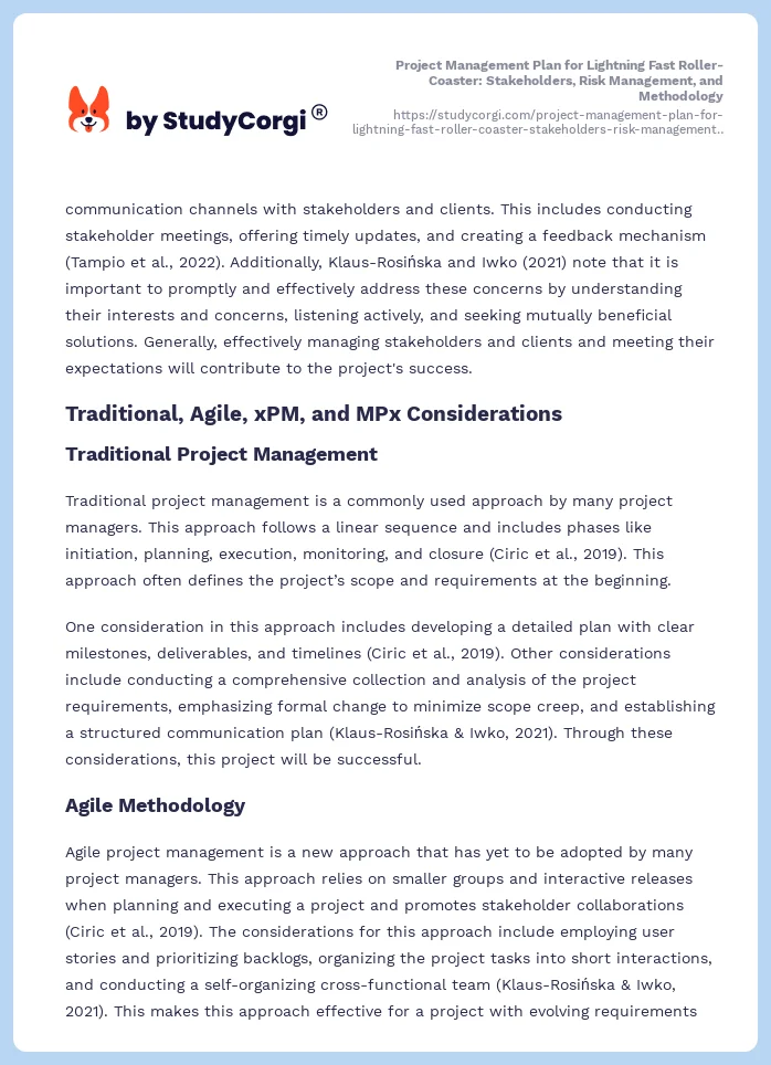 Project Management Plan for Lightning Fast Roller-Coaster: Stakeholders, Risk Management, and Methodology. Page 2