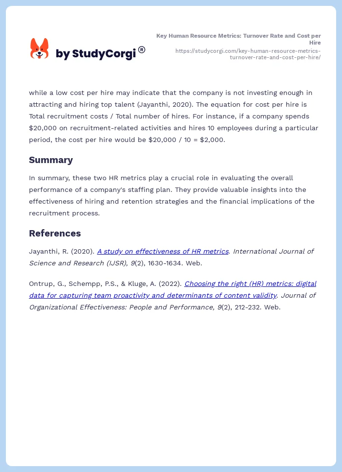 Key Human Resource Metrics: Turnover Rate and Cost per Hire. Page 2