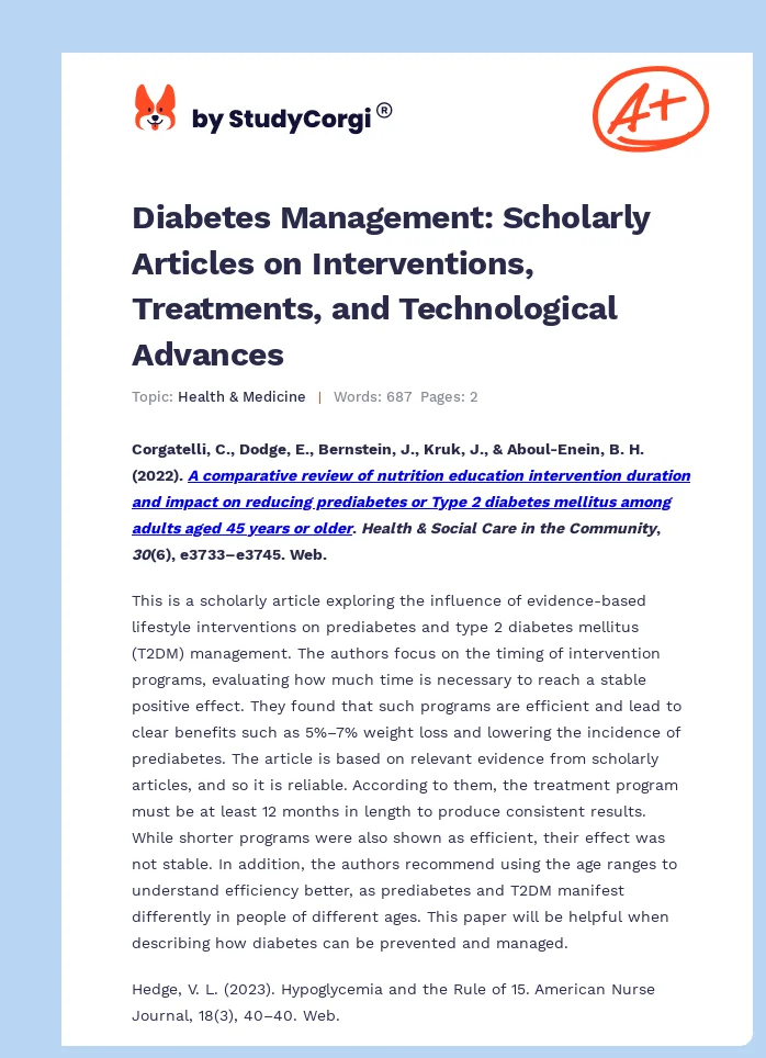 Diabetes Management: Scholarly Articles on Interventions, Treatments, and Technological Advances. Page 1