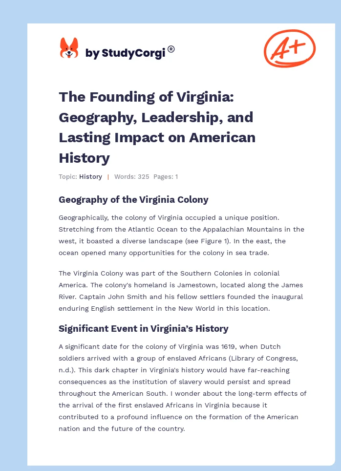 The Founding of Virginia: Geography, Leadership, and Lasting Impact on American History. Page 1