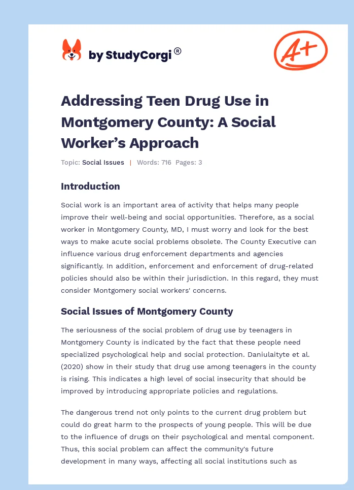 Addressing Teen Drug Use in Montgomery County: A Social Worker’s Approach. Page 1