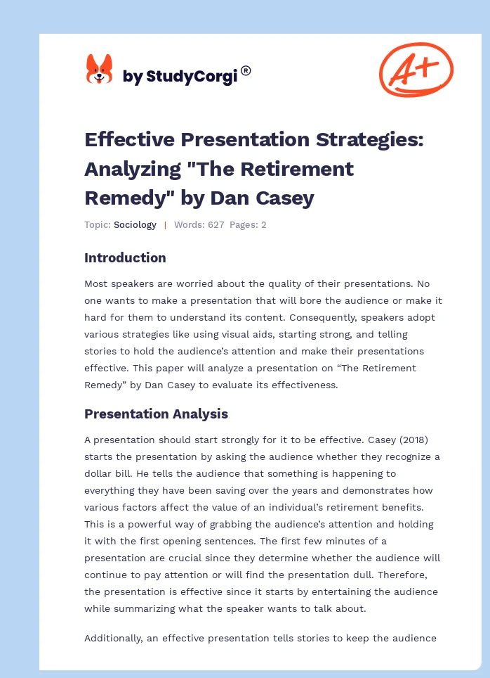 Effective Presentation Strategies: Analyzing "The Retirement Remedy" by Dan Casey. Page 1