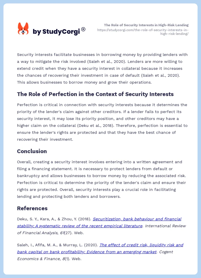 The Role of Security Interests in High-Risk Lending. Page 2