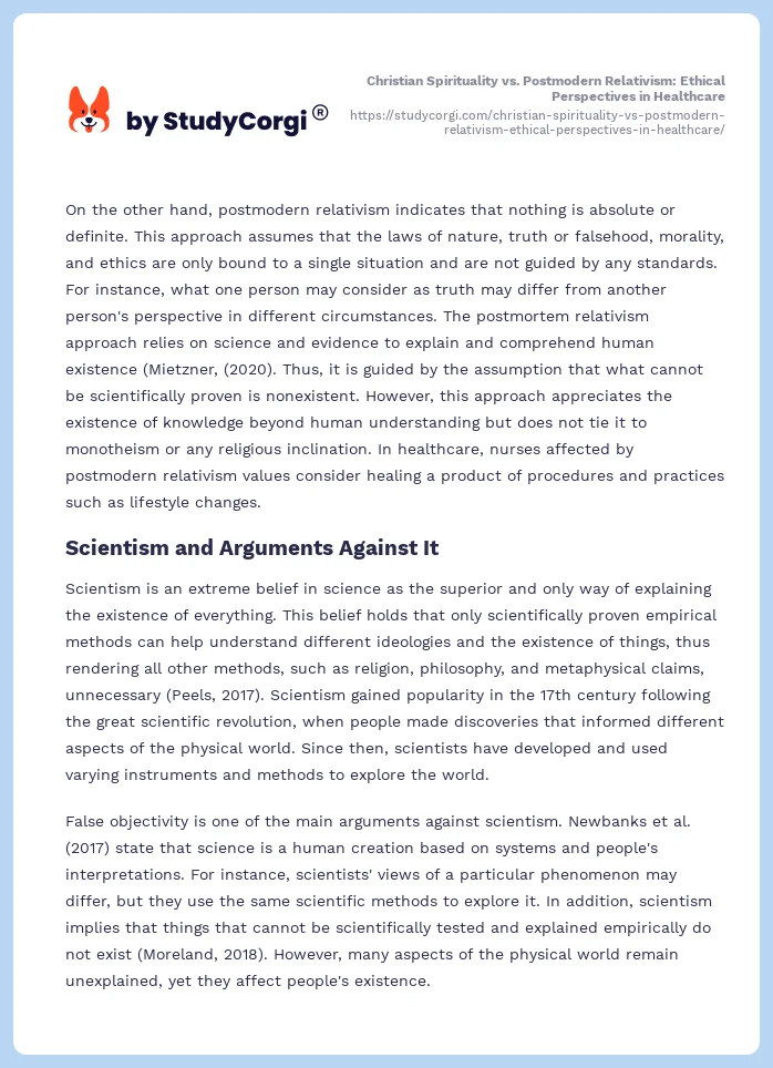 Christian Spirituality vs. Postmodern Relativism: Ethical Perspectives in Healthcare. Page 2