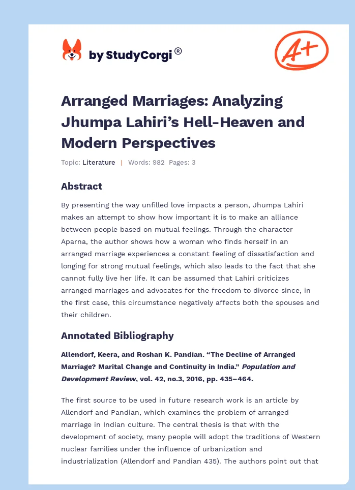 Arranged Marriages: Analyzing Jhumpa Lahiri’s Hell-Heaven and Modern Perspectives. Page 1