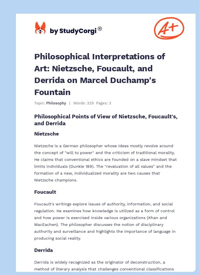 Philosophical Interpretations of Art: Nietzsche, Foucault, and Derrida on Marcel Duchamp's Fountain. Page 1