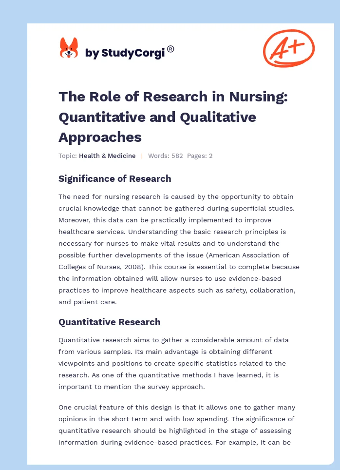 The Role of Research in Nursing: Quantitative and Qualitative Approaches. Page 1