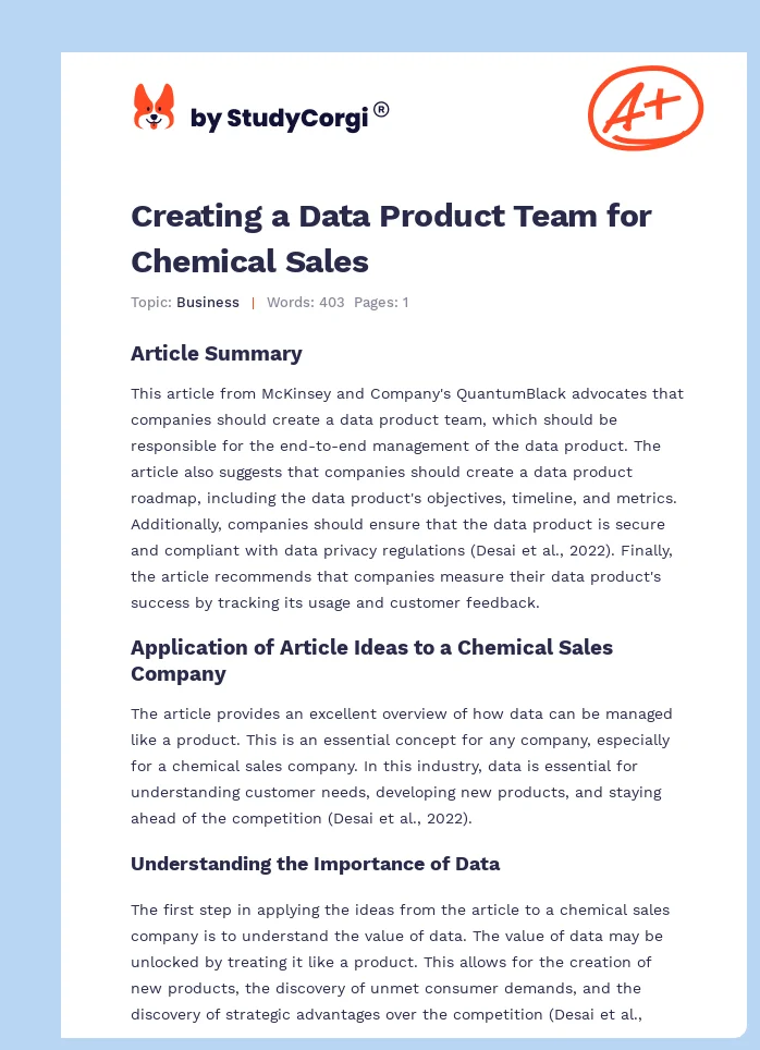 Creating a Data Product Team for Chemical Sales. Page 1