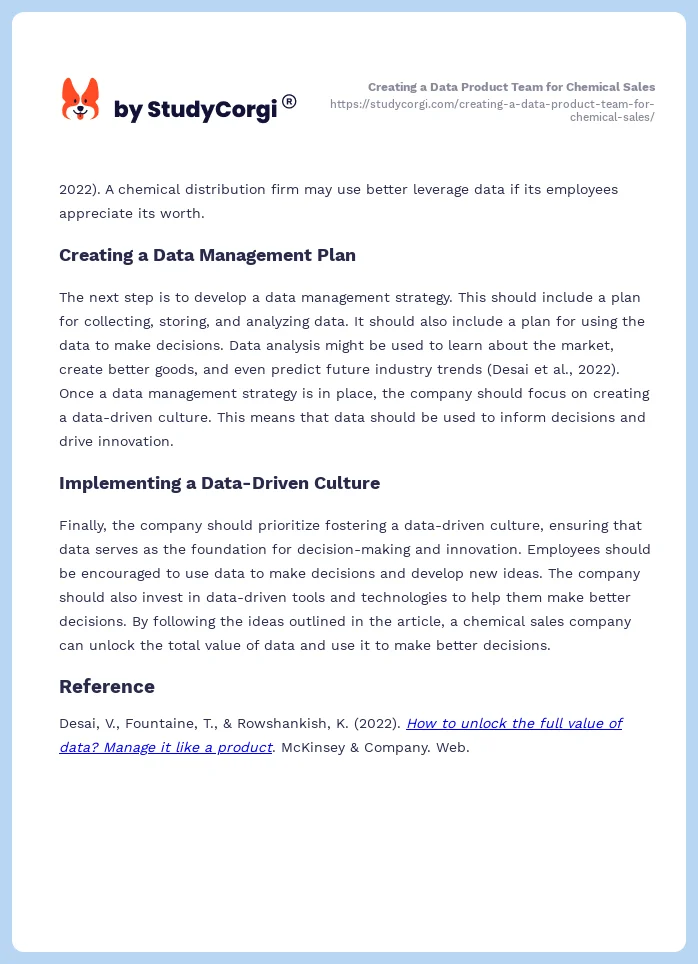 Creating a Data Product Team for Chemical Sales. Page 2