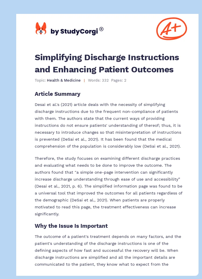 Simplifying Discharge Instructions and Enhancing Patient Outcomes. Page 1