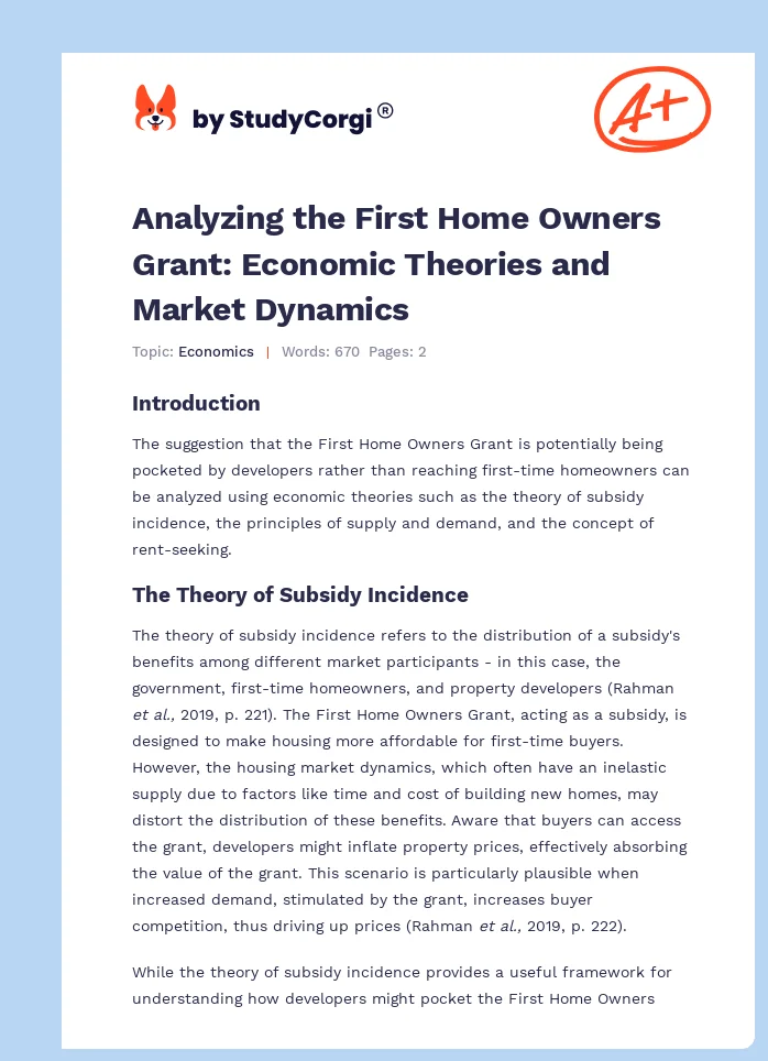 Analyzing the First Home Owners Grant: Economic Theories and Market Dynamics. Page 1