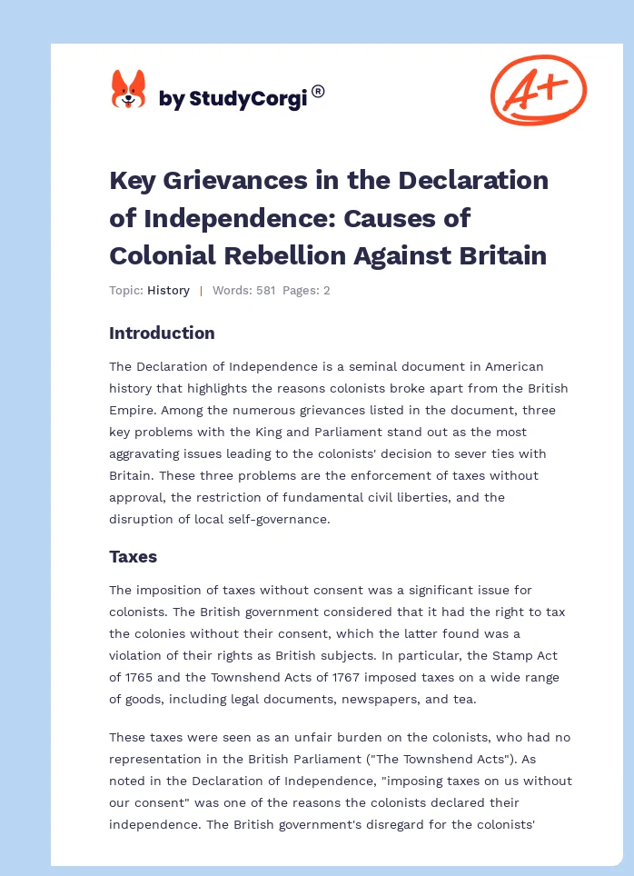 Key Grievances in the Declaration of Independence: Causes of Colonial Rebellion Against Britain. Page 1