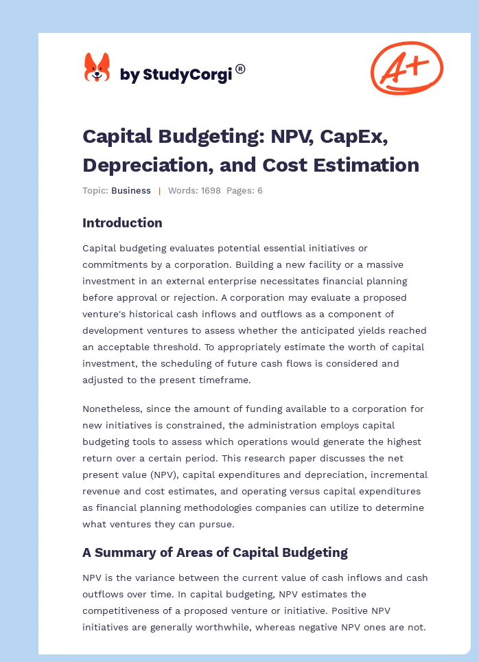 Capital Budgeting: NPV, CapEx, Depreciation, and Cost Estimation. Page 1