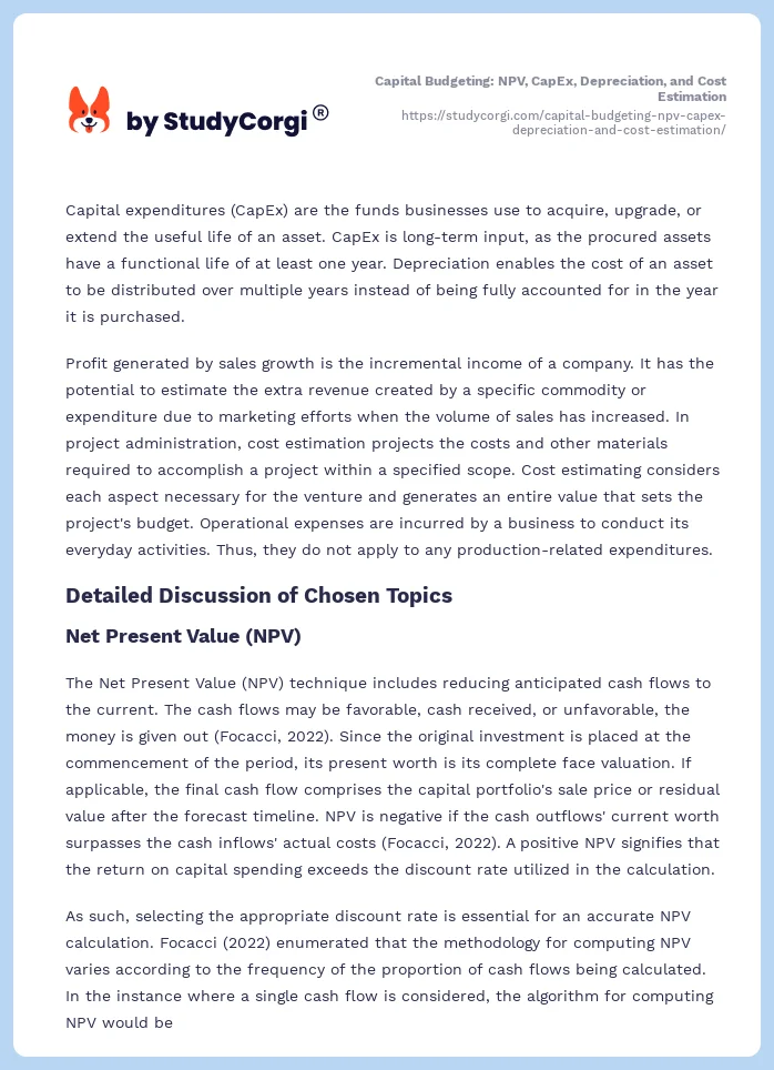 Capital Budgeting: NPV, CapEx, Depreciation, and Cost Estimation. Page 2