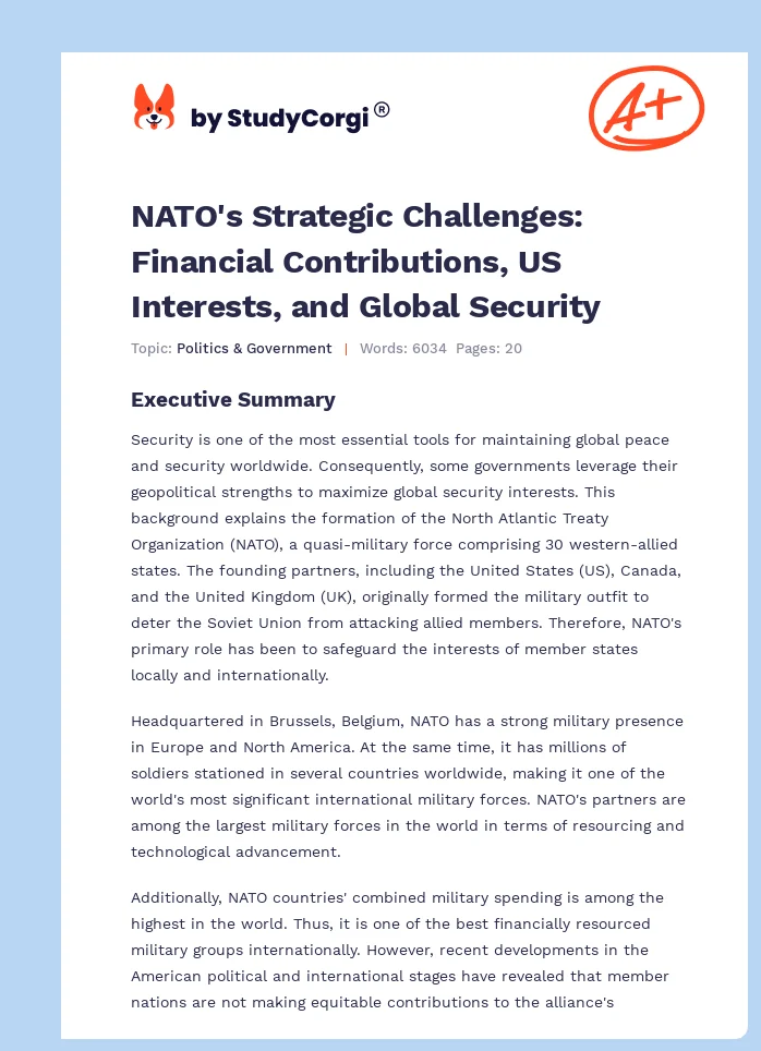 NATO's Strategic Challenges: Financial Contributions, US Interests, and Global Security. Page 1