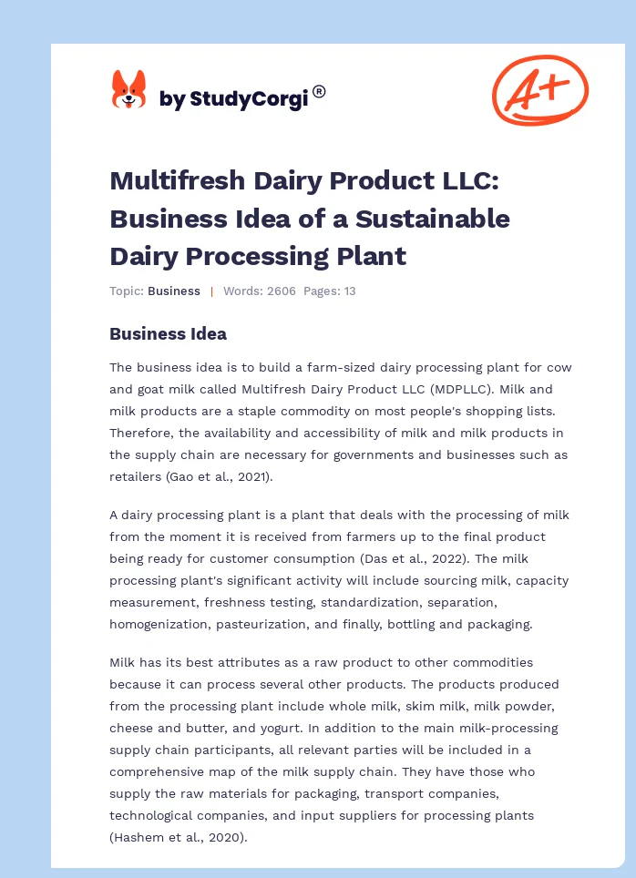 Multifresh Dairy Product LLC: Business Idea of a Sustainable Dairy Processing Plant. Page 1