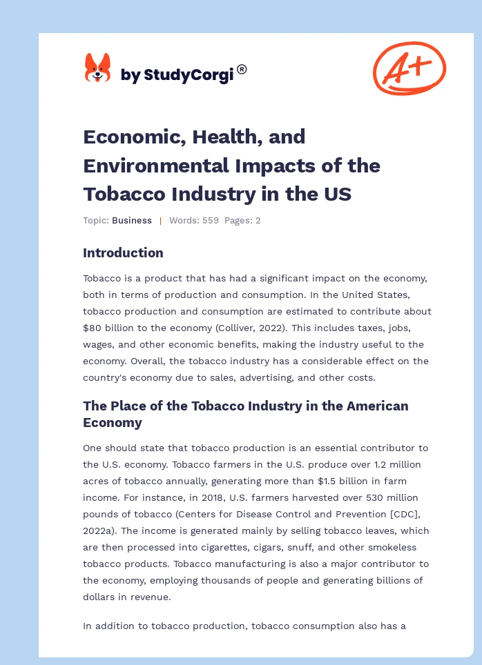 Economic, Health, and Environmental Impacts of the Tobacco Industry in the US. Page 1