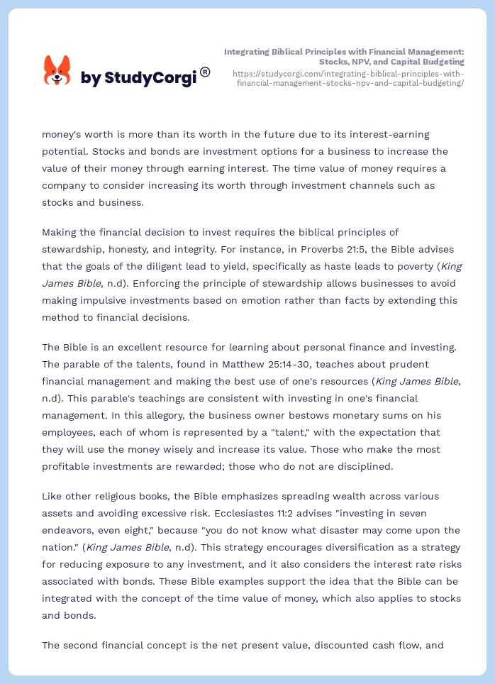 Integrating Biblical Principles with Financial Management: Stocks, NPV, and Capital Budgeting. Page 2