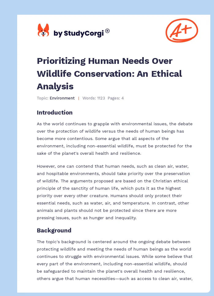 Prioritizing Human Needs Over Wildlife Conservation: An Ethical Analysis. Page 1