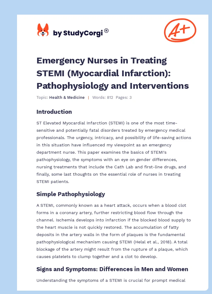 Emergency Nurses in Treating STEMI (Myocardial Infarction): Pathophysiology and Interventions. Page 1