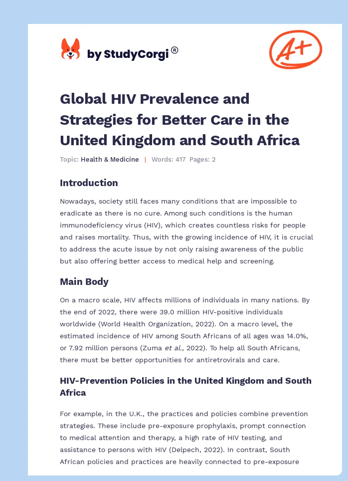 Global HIV Prevalence and Strategies for Better Care in the United Kingdom and South Africa. Page 1