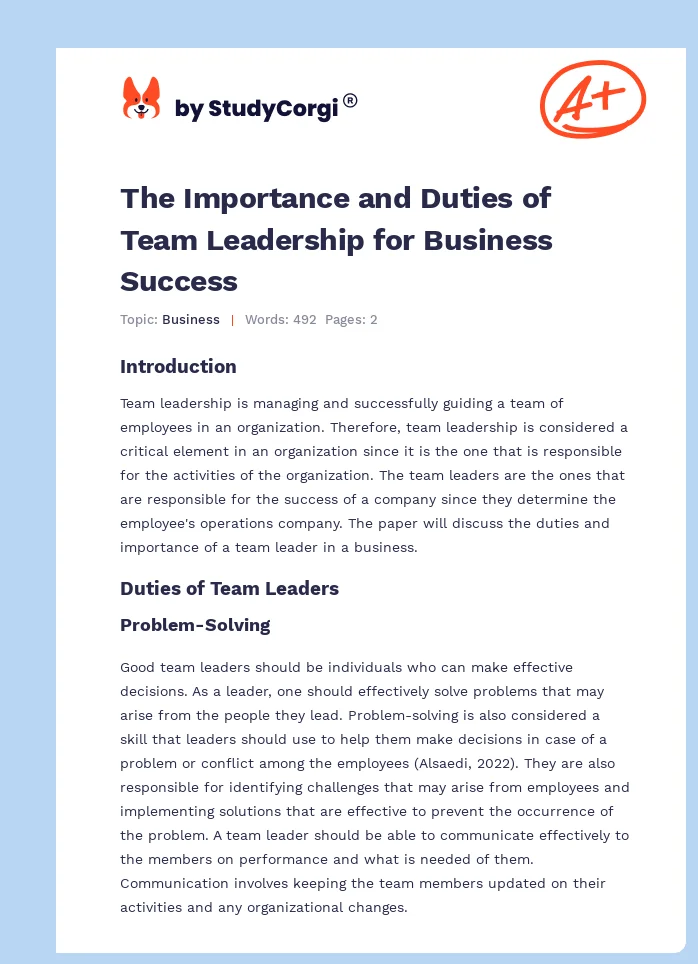 The Importance and Duties of Team Leadership for Business Success. Page 1