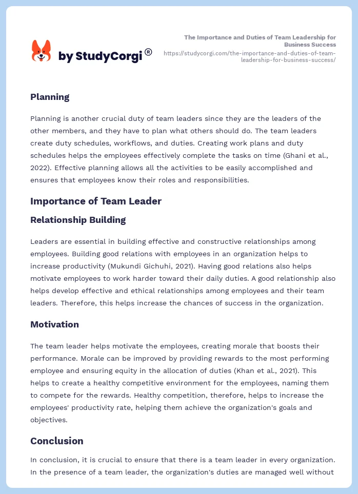 The Importance and Duties of Team Leadership for Business Success. Page 2