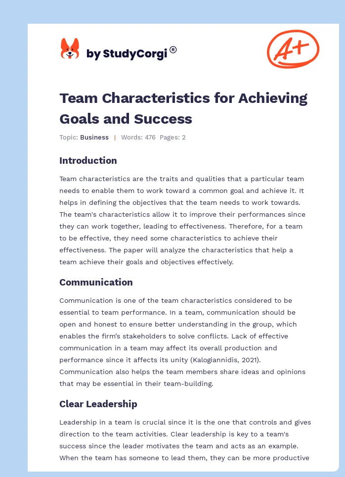 Team Characteristics for Achieving Goals and Success. Page 1