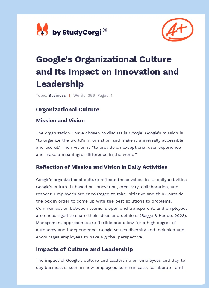 Google's Organizational Culture and Its Impact on Innovation and Leadership. Page 1