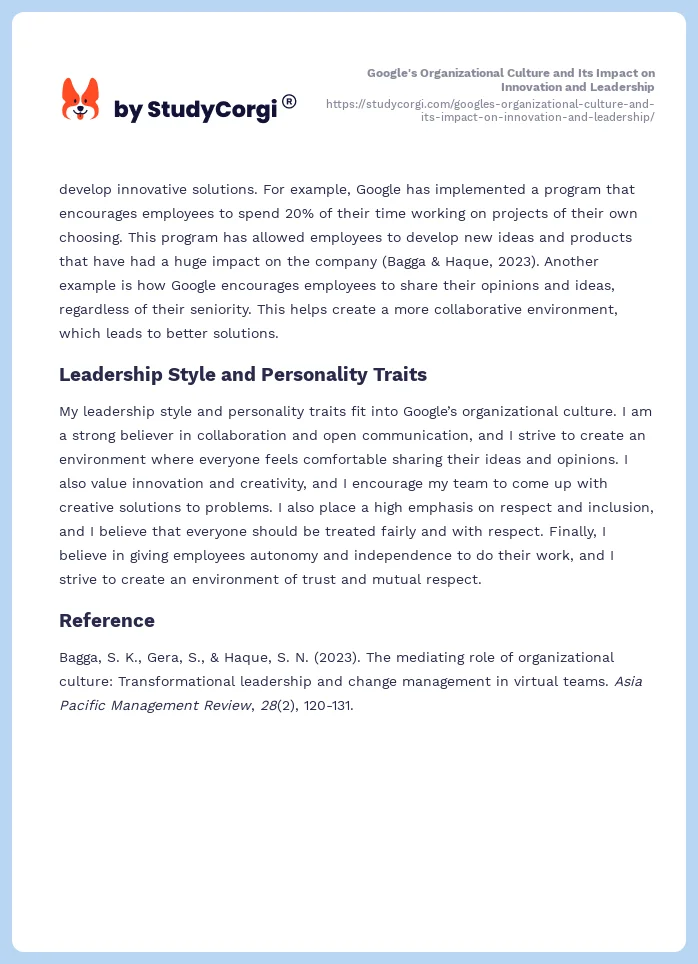 Google's Organizational Culture and Its Impact on Innovation and Leadership. Page 2