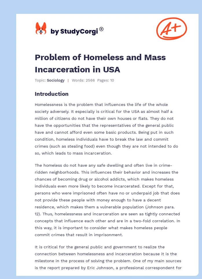 Problem of Homeless and Mass Incarceration in USA. Page 1