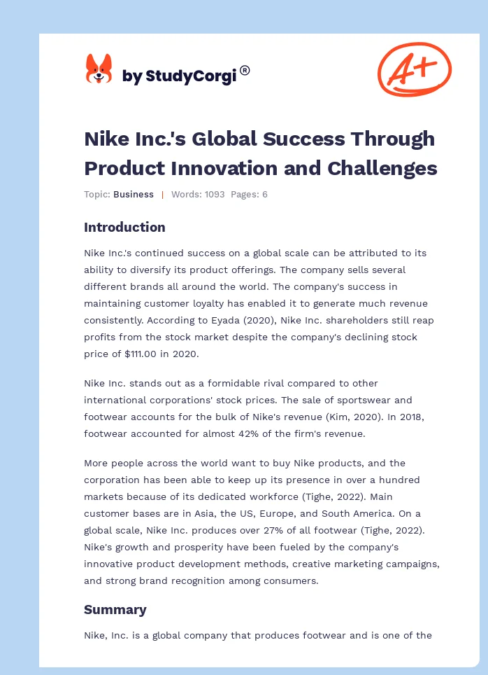 Nike Inc.'s Global Success Through Product Innovation and Challenges. Page 1