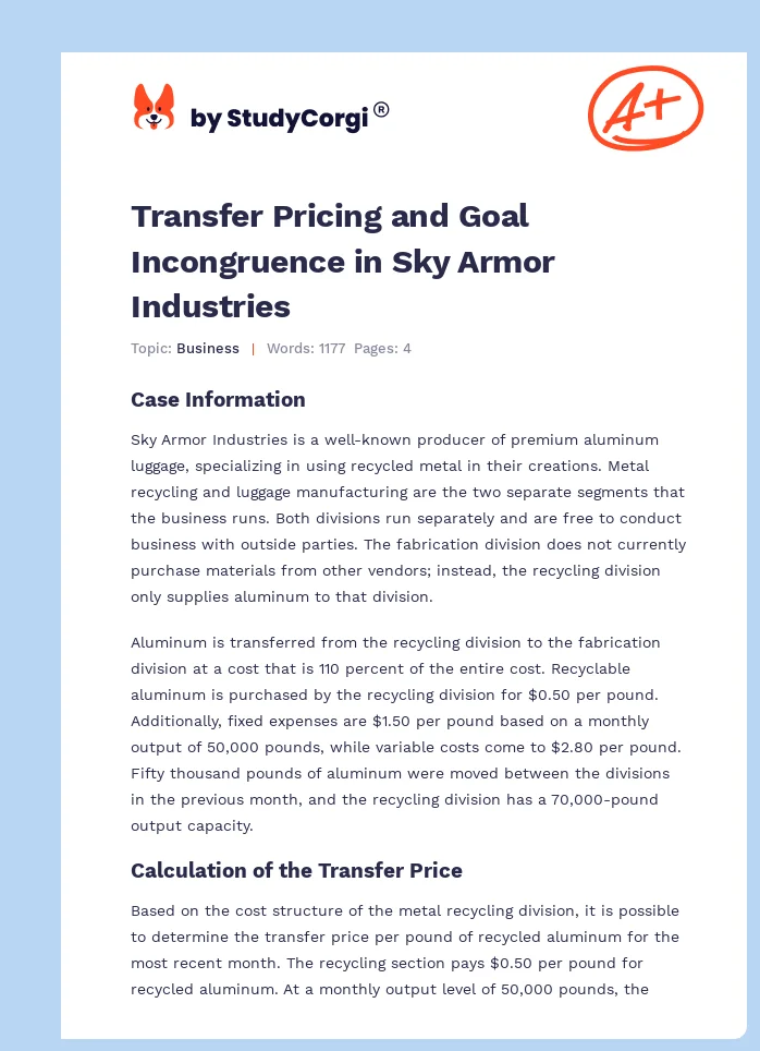 Transfer Pricing and Goal Incongruence in Sky Armor Industries. Page 1