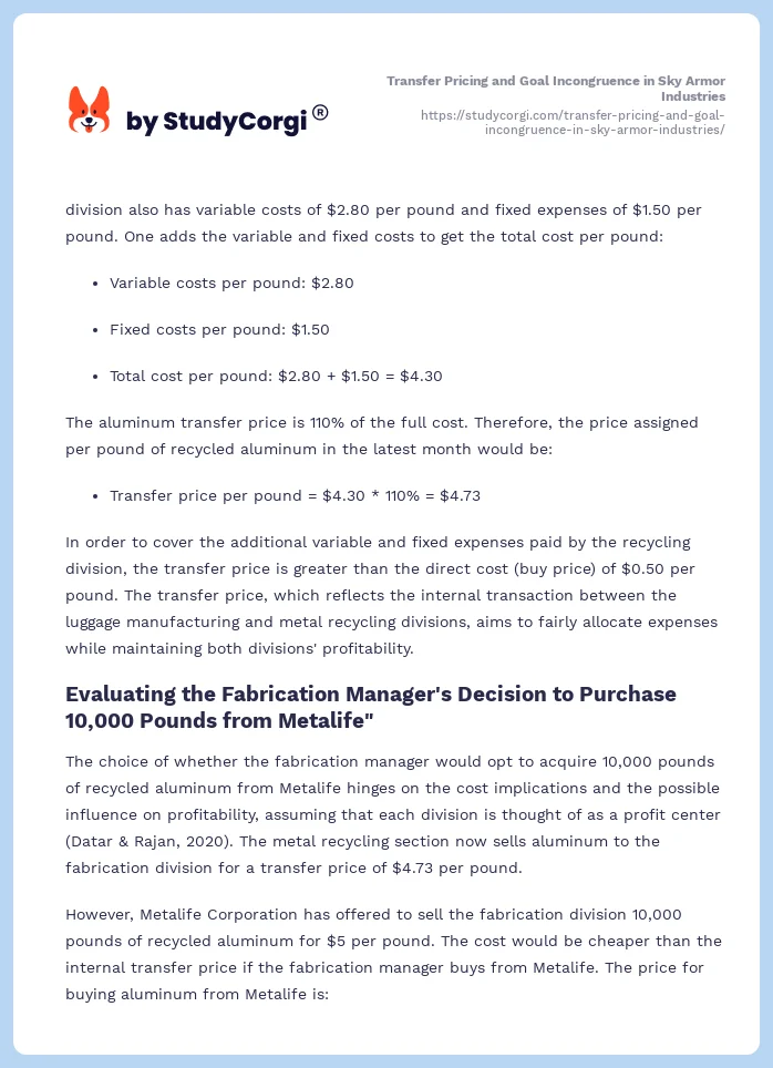 Transfer Pricing and Goal Incongruence in Sky Armor Industries. Page 2