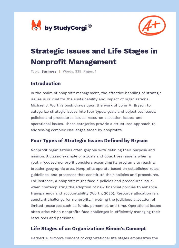 Strategic Issues and Life Stages in Nonprofit Management. Page 1