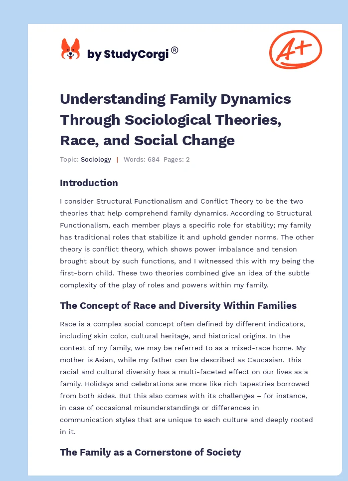 Understanding Family Dynamics Through Sociological Theories, Race, and Social Change. Page 1