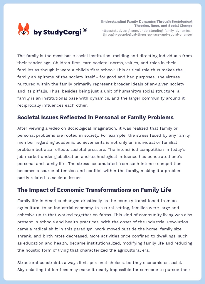 Understanding Family Dynamics Through Sociological Theories, Race, and Social Change. Page 2