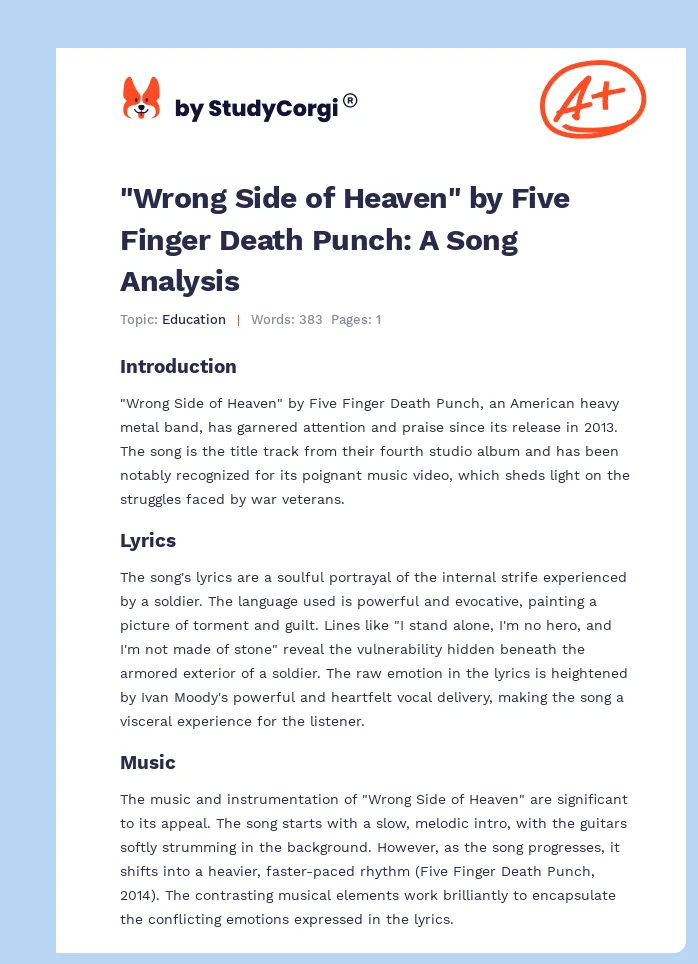 "Wrong Side of Heaven" by Five Finger Death Punch: A Song Analysis. Page 1