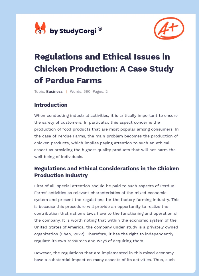 Regulations and Ethical Issues in Chicken Production: A Case Study of Perdue Farms. Page 1